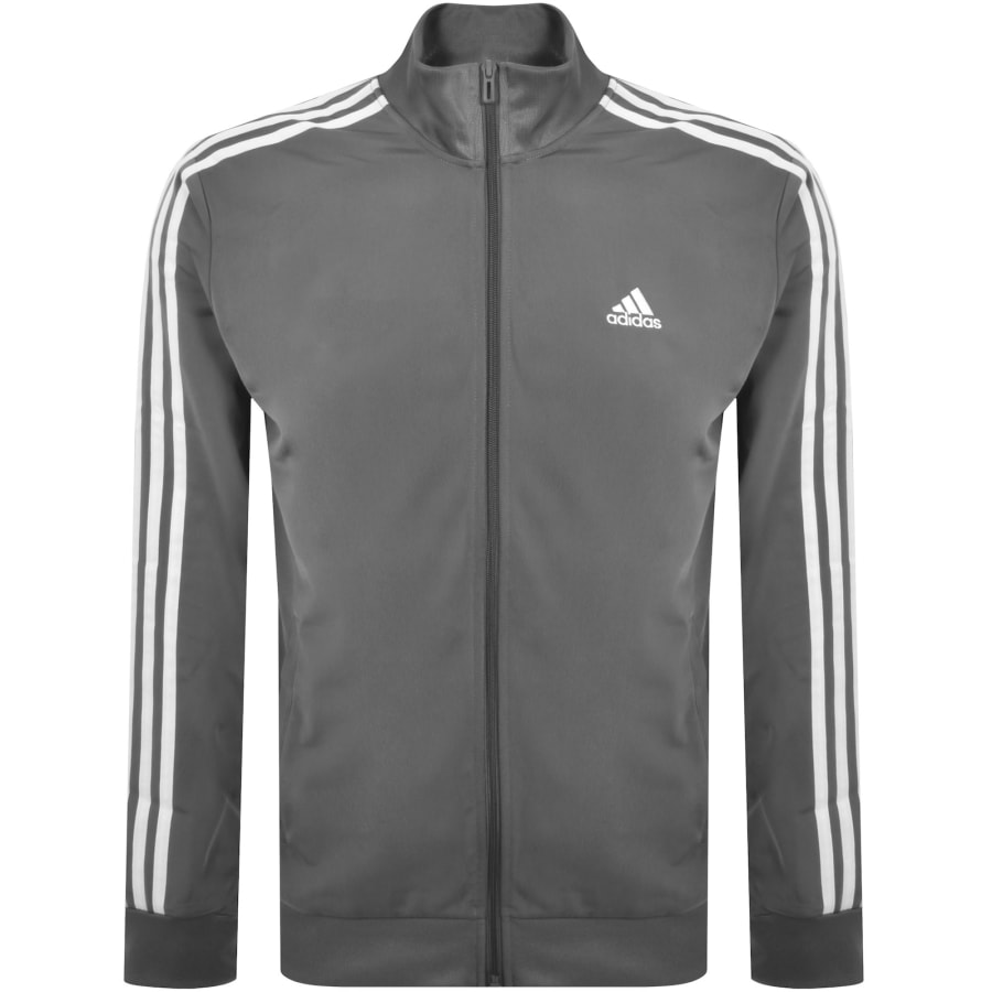 Grey adidas jacket with black stripes new arrivals